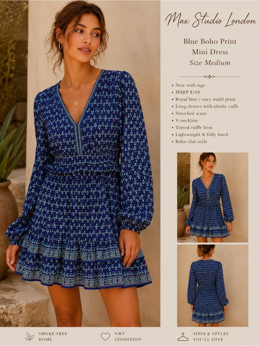Max Studio Navy & Royal Blue Boho Print Mini Dress